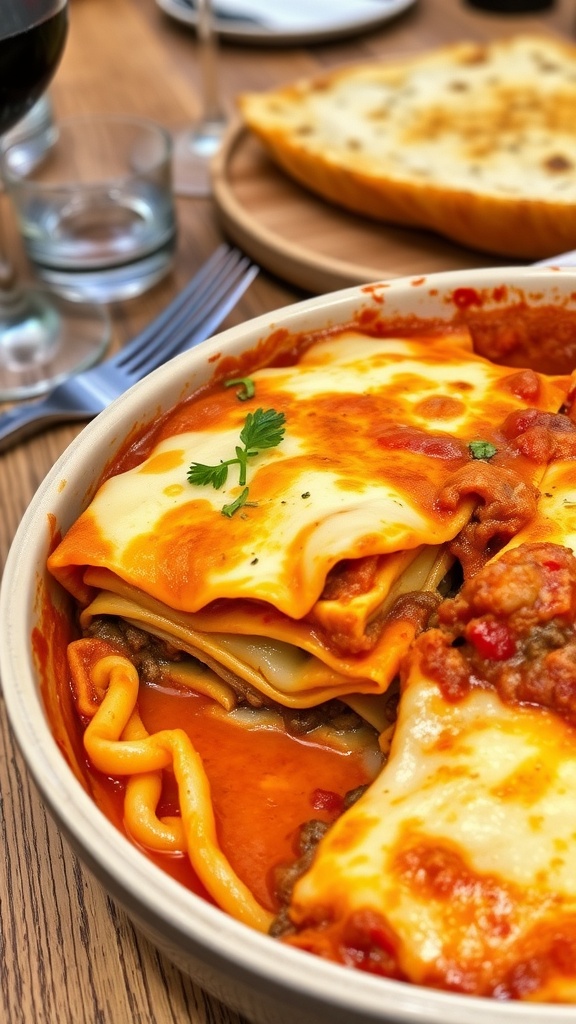 A classic lasagna bake with melted cheese and meat sauce, garnished with parsley, on a rustic table with bread and wine.